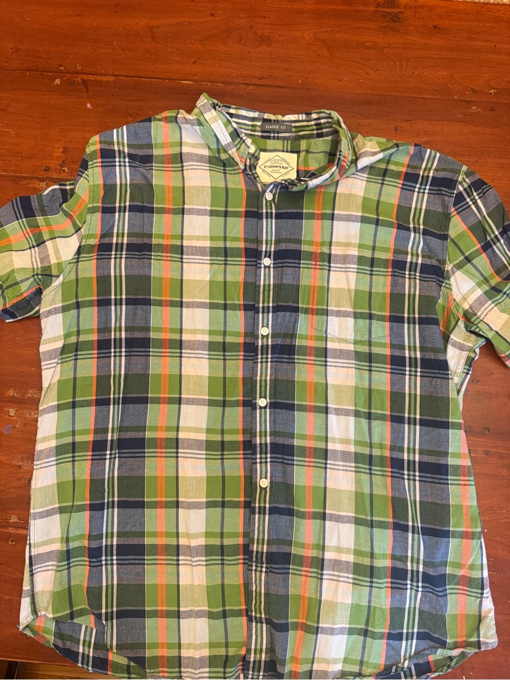 St. John's Bay Green Navy Orange Plaid Short-Sleeve Button-Up Shirt
